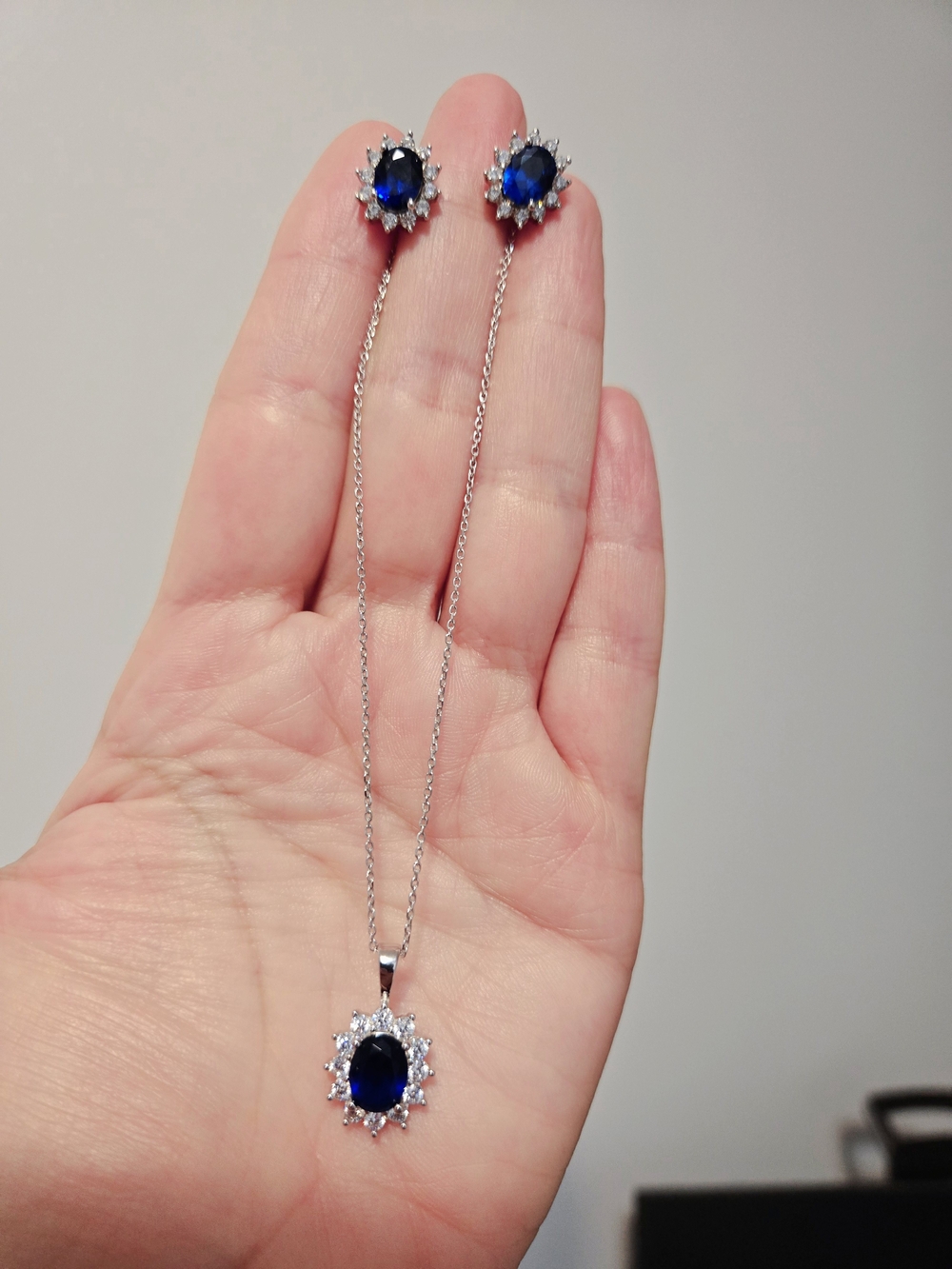 Blue Sapphire Halo Pendant Necklace and Earrings Set